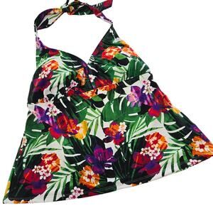 Catalina Tankini Swim Top Halter 1X 16W Tropical Floral Leaf Green Orange Purple